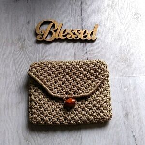 Crochet tan clutch mini‎ bag hand made boho